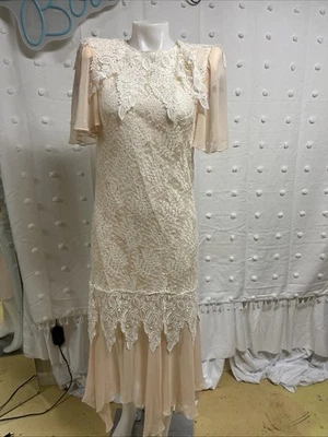 Vintage 80s Jessica McClintock Peach Satin Lace Dress Victorian Flapper Size 6 - Image 1 of 4