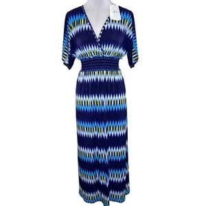 5th & Love Maxi Dress MEDIUM Blue Dolman Keyhole Jersey V-Neck Smocked Ruffle - Picture 1 of 9