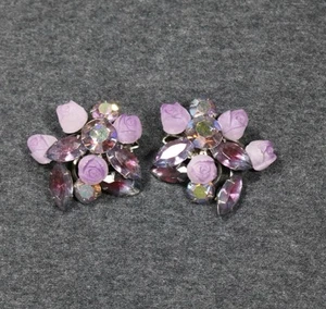Vintage Beau Jewels Glas mattiert Rose Strass Clip auf Ohrringe - Bild 1 von 4