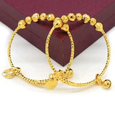 2PcSet 18k Gold Plated Over Brass Kids Babys Bead Bell Bracelets Bangles D288 - Image 1 of 4