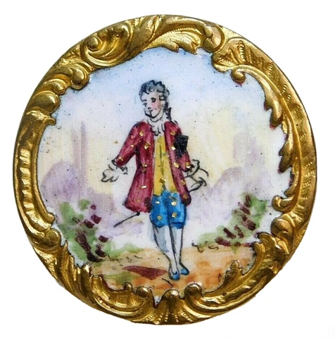 Antique Vtg BUTTON Large Hand Painted Brass Enamel w/a Rococo Border PARIS NICE Cover
