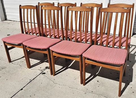 Set of 8 HUGO FRANSDEN Danish Mid Century Modern Teak Dining Chairs Denmark Cover