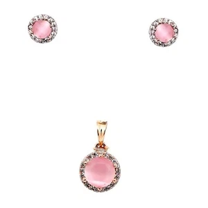 Women Pendant With Tops Earring Indian Rose Gold Plated Pink Stone Copper - Picture 1 of 4