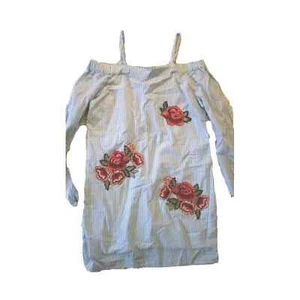 Romeo Juliet Couture Blue White Pin Stripe Floral Applique Tunic Blouse NWT Sz S - Picture 1 of 8
