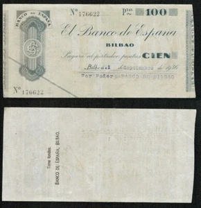Spanish Civil War 100 pesetas year 1936 Bilbao 176622 BANCO DE BILBAO. - Picture 1 of 2