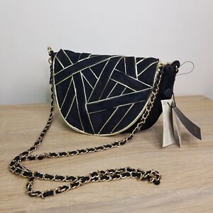 Mango Suede Leather Crossbody Shoulder Bag Black & Gold Womens Handbag 20" Drop 