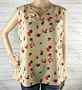 TÜLL ärmellose Bluse XL hellbraun orange schwarz weiß Blumenmuster Retro Style Top - Bild 1 von 12