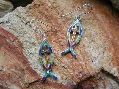 Christian Fish Symbol With Cross Multi Gemstone Sterling Silver Earrings NEW P40 - Image 1 of 4