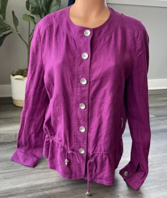 Ellen Tracy 100% Linen Pink Purple Button Front Cinch Jacket 10 Pockets - Image 1 of 4