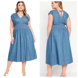 Old Navy Dress Women 3X Blue Chambray Waist Defined Midi Smocked Denim Cottage - Picture 1 of 12