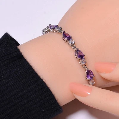 Brazalete Tenis Plata de Ley 925 Amatista Púrpura y Circonita Cúbica 7.99" B7234 Foto 1 de 4