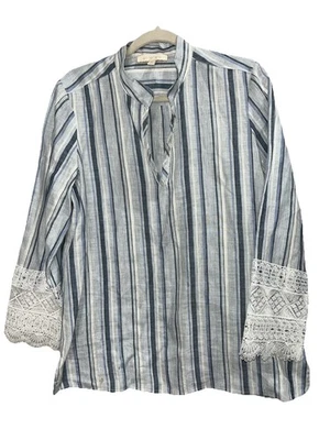 Top túnica Etcetera talla 10 mezcla de lino encaje ribete puño azul blanco rayas náutico Foto 1 de 4