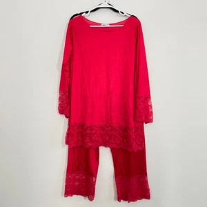Pigiama Gilead vintage anni 80 set donna L rosso pizzo gamba larga tunica classico collo largo - Foto 1 di 7