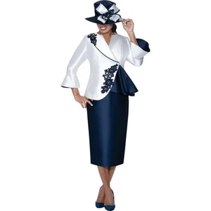 GMI Church Kleid Rock Anzug Marine & Weiß Schößchen Jacke mit Blumenapplikation - Bild 1 von 2