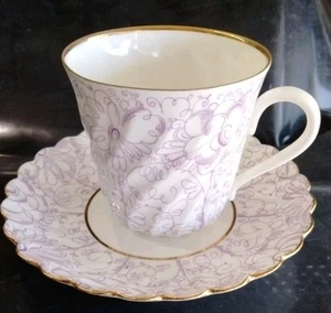 Lomonosov Russia Demitasse And Saucer 1960s Mauve Floral Fluted Bone China Set - Picture 1 of 12
