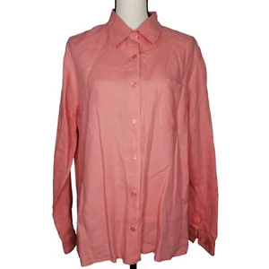 LL Bean Button Up Top XL L/S Shirt Pocket Peach Orange 100% Linen Blouse - Picture 1 of 6