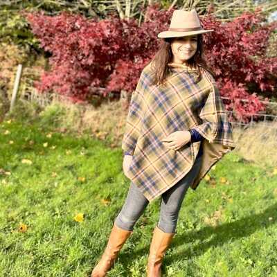 Handmade Blue Green Check 100% wool tweed Cape Poncho - Image 1 of 4