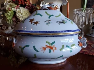 RARE & HTF Herend Poisson Tureen Rare Blue Background Dolphin Knob #2002 PO - Picture 1 of 12