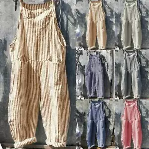 Womens Linen Cotton Striped Playsuit Jumpsuit Casual Loose Overalls Dungarees - Picture 1 of 18