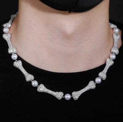 Stunning Dog Bones With Pearl & Sapphire in Solid 935 Silver Fashion Biker Chain - Image 1 of 4