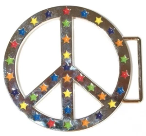 PEACE LGBTQ Belt Buckle 3 1/4" ROUND Symbol Multi Color STAR STUDDED Chrome - Picture 1 of 2