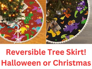36’’ Christmas or Halloween Dinosaur Tree Skirt Reversible Dual Tree Skirt - Picture 1 of 6