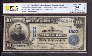 1902 $10 PROVIDENCE NATIONAL BANK NOTE RHODE ISLAND RADAR SERIAL PCGS B VF 25 - Picture 1 of 4