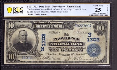 1902 $10 PROVIDENCE NATIONAL BANK NOTE RHODE ISLAND RADAR SERIAL PCGS B VF 25 - Image 1 of 4