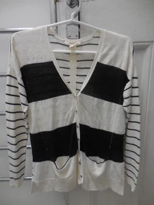 VERGE NZ DESIGNER BLACK WHITE STRIPE LINEN V NECK CARDIGAN POCKETS VGC M - Picture 1 of 5