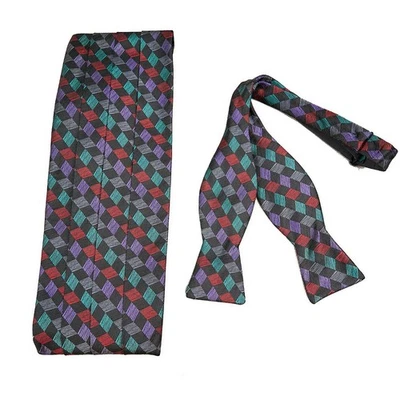 Juego de pajarita R Hanauer roja púrpura verde azulado geométrica seda autocorbata EE. UU. Foto 1 de 4