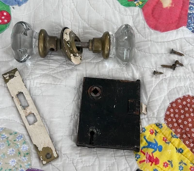 Antique Vintage Glass Door Knobs W/ Post lock mechanism, NO Key - Image 1 of 4