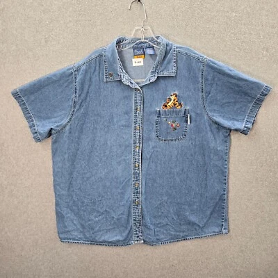 Winnie The Pooh Women Top 22W 24W Blue Chambray Tiger Floral Embroidered - Image 1 of 4
