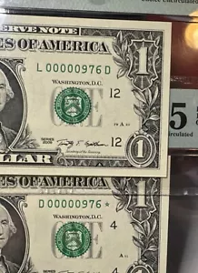 $1 One Dollar 2009 - 2 Notes 3 Digits Matching Low Serial # 976 And 976 ⭐️ - Picture 1 of 12