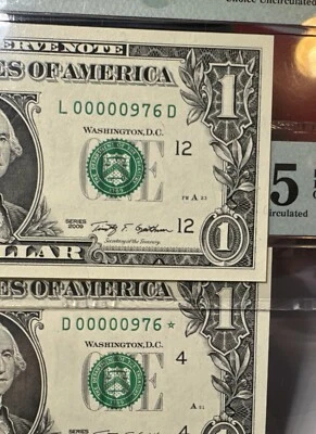$1 One Dollar  2009 - 2 Notes  3 Digits Matching Low Serial # 976 And 976 ⭐️ - Image 1 of 4