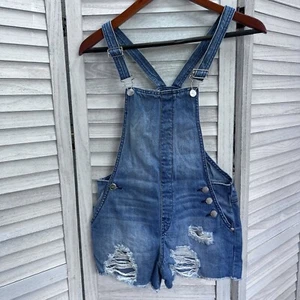 Bebe Denim Jean Bib Overalls Light Wash Distressed Shorts Girl's Size Large - Picture 1 of 11