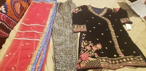 Pakistani / Indian Women's Blue Embroidered Velvet Suit with Jamawar Pants  - Picture 1 of 10