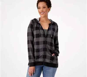 Quacker Factory Soft Knit Buffalo Plaid Rhnstne Pull Hoodie-Charcoal-Med-A522384 - Picture 1 of 3