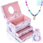 Homtibrm Musical Jewellery Box For Girls - Large Kids Jewellery Music Box With 2
