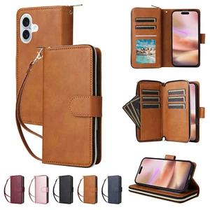 For iPhone 16 15 14 13 Pro Max 12 11 XS XR Leather Zipper Wallet Purse Card Case - Picture 1 of 60