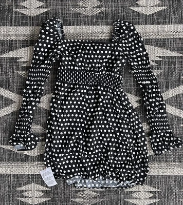 Miss Selfridge shirred waist bow detail mini dress in polka dot size 6 - Image 1 of 4