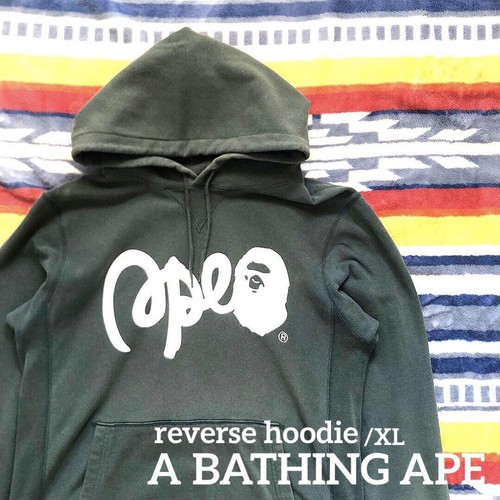 A BATHING APE (BAPE) Felpa con cappuccio Bape Reverse UOMO XL verde militare usata in buone condizioni cotone pile