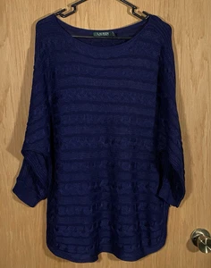 Lauren Ralph Lauren Women's XL Cable Knit Boat Neck Sweater Navy Blue Old Money - Picture 1 of 8