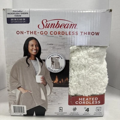 NUEVO Sunbeam On-The-Go 50 pulgadas x 60 pulgadas inalámbrico térmico peyote gris manta/capa Foto 1 de 4