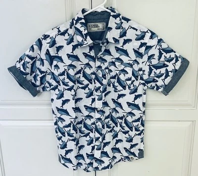 Camisa Free Planet Boys Estampado de Tiburón Manga Corta Abotonada - Talla Grande 12 Nueva Sin Etiquetas Foto 1 de 4