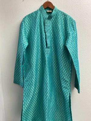 Manyavar Indian MENS M 38 TURQUOISE AQUA silk pattern kurta EMBROIDERED POCKETS - image 1 of 4