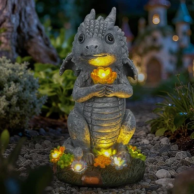 Estatuilla Solar Dragón con Luces LED - Diseño Floral para Jardines/Césped Foto 1 de 4
