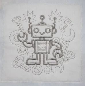 ¡LINDO BLOQUE DE EDREDÓN BORDADO MÁQUINA ROBOT PLATEADO COMPLETO CON BATEO! - Imagen 1 de 1