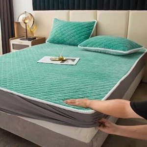 Thicken Velvet Quilted Bed Cover Quick Warm Coral Fleece Quilting Mattress Cover - Picture 1 of 33