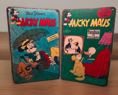 Cartel de cómic alemán Mickey Maus de la década de 1960 letreros de metal raro WWOD NUEVO SIN ETIQUETAS LOTE DE 2 Foto 1 de 4