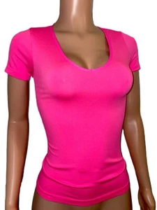 Neon Pink Seamless Stretchy Fitted Skin Tight Nylon V-neck Tee T-shirt Top Basic - Picture 1 of 2